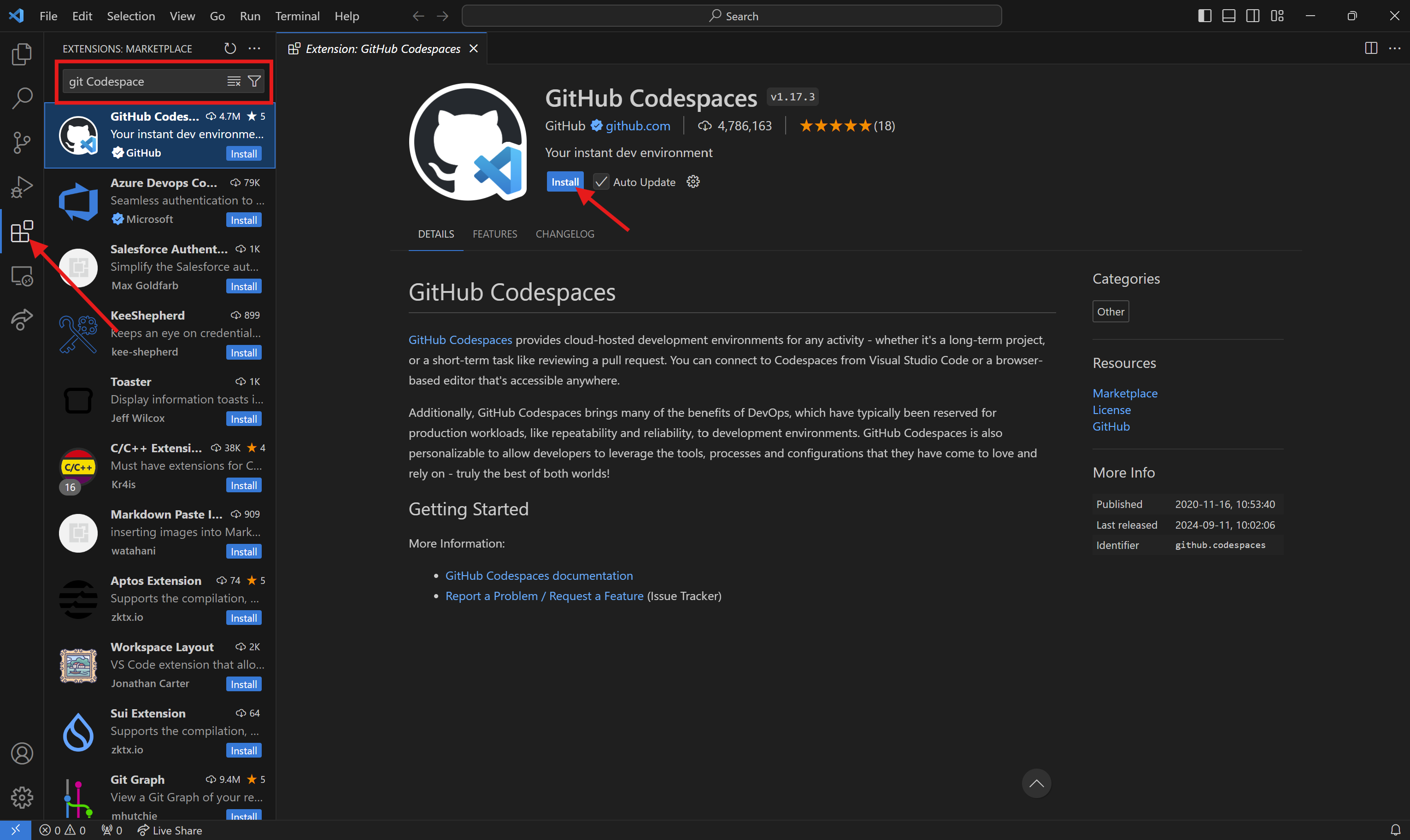 Install GitHub Codespaces Extension